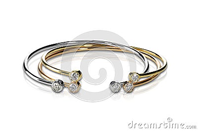 Set of three colored gold and diamond bracelets stacked Stock Photo