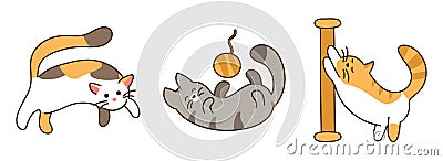 Set of three colored kittens. Tricolor cat is running. Gray pet plays with ball of thread. Ginger cat sharpens its claws Vector Illustration