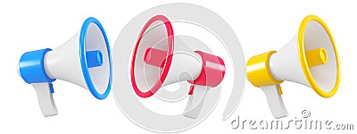 Set of three colored megaphone isolated. Close up breaking news metaphor, disclosure of information concept. 3d rendering Stock Photo
