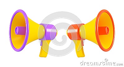 Set of three colored megaphone isolated. Close up breaking news metaphor, disclosure of information concept. 3d rendering Stock Photo