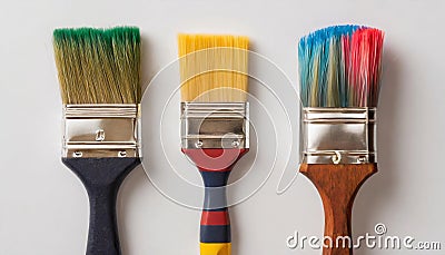 Set of three construction paint brushes with wooden handles isolated on gray Stock Photo