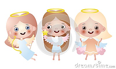 Set of three cute beautiful angel girls. Vector illustration in flat cartoon style. Vector Illustration