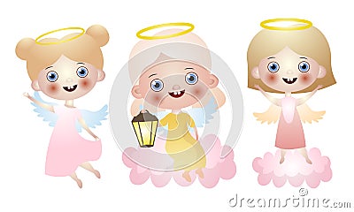 Set of three cute beautiful angel girls. Vector illustration in flat cartoon style. Vector Illustration