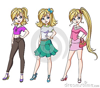 Set of three cute blondie girls with different haircuts and clothes. Hand drawn cartoon illustration. Can be used for coloring Vector Illustration