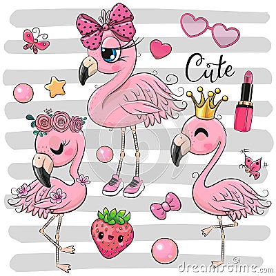 Set of three cute cartoon flamingos Vector Illustration