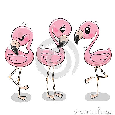 Set of three cute cartoon flamingos Vector Illustration