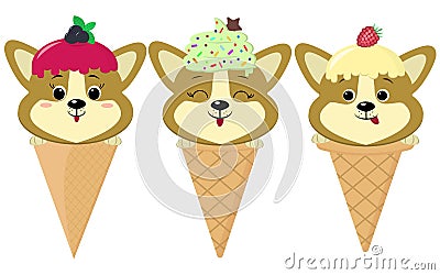 A set of three cute Corgi puppies in the form of ice cream. Vector Illustration