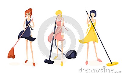 Set of three cute girl cleaners. Vector Illustration