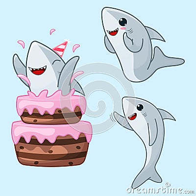 Set of three cute grey cartoon sharks. Character with birthday cake, happy and waving grey shark Vector Illustration