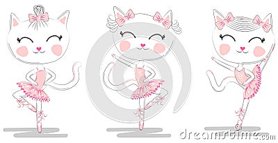 Set of three cute white ballerina cats in pink ballet tutu and pointe Vector Illustration