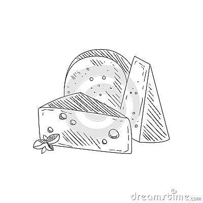 Set Of Three Different Cheeses Hand Drawn Realistic Sketch Vector Illustration