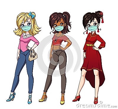 Set of three different nationality girls wearing medical mask Vector Illustration