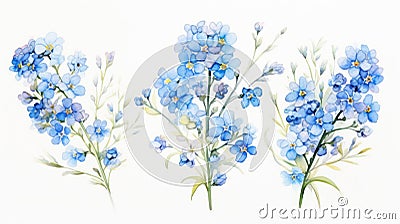 Set of Three Dreamy Watercolor Forget-Me-Nots AI Generated Cartoon Illustration