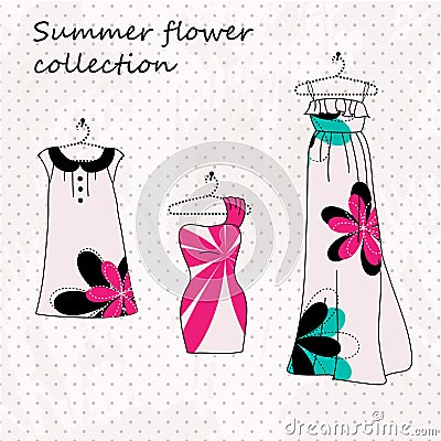 Set of three dresses in flowers Vector Illustration