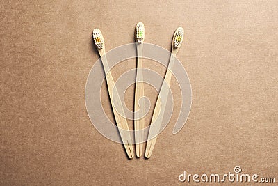 Set of three eco bamboo toothbrushes. Sustainable lifestyle, zero plastic Stock Photo