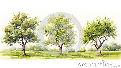 Set of Three Elegant Watercolor Orchard Trees AI Generated Cartoon Illustration