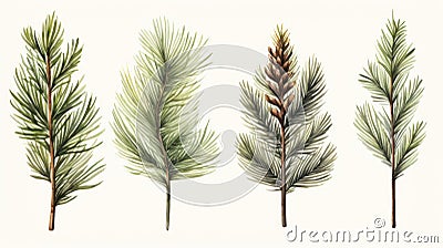 Set of Three Elegant Watercolor Spruce Branches AI Generated Cartoon Illustration