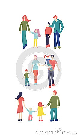 Set of three families for a walk. Young family Vector Illustration