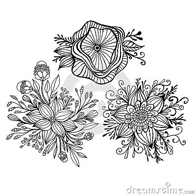 Set with three fantasy flower framed by leaves and buds coloring page Vector Illustration