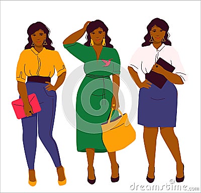 A set of three fashion look, casual jeans, blouse, smart - a green dress and a brooch, business - a white blouse and a Vector Illustration