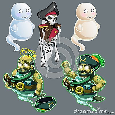 Set of three figures of pirates and two ghosts Vector Illustration