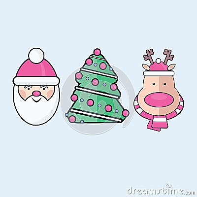 Set of three Flat Christmas Icons. Santa, tree, and deer. Vector Illustration