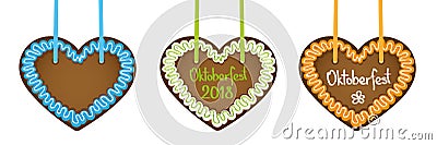 Set of three gingerbread hearts with Oktoberfest 2018 Typography Vector Illustration