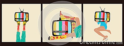 Set of three Girl holds an old tv in her legs Vector Illustration