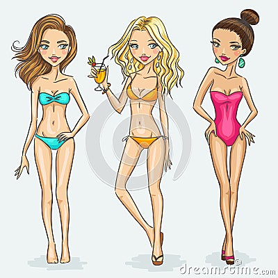 Set of three girls in bikini Vector Illustration