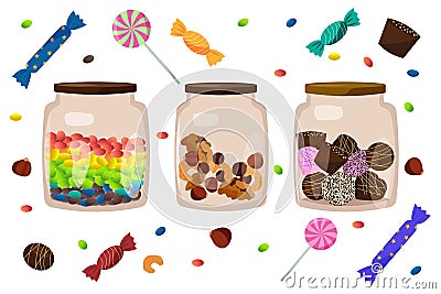A set of three glass jars with sugar balls, various nuts, chocolates, lollipops Vector Illustration