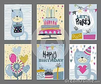 Set of three Happy Birthday Party cards. Vector hand drawn illustration Vector Illustration