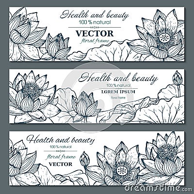 Set of three horizontal banners with beautiful lotus flowers and Vector Illustration