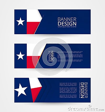 Set of three horizontal banners with US state flag of Texas. Web banner design template in color of Texas flag Vector Illustration