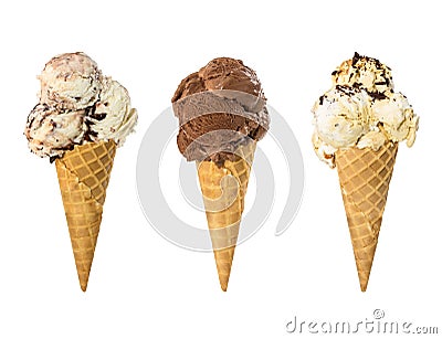 Set of three ice cream in waffle cone isolated on white Stock Photo