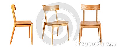 Set of three identical wooden chairs in different view angles Stock Photo