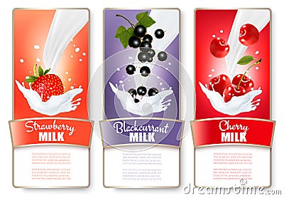 Set of three labels of berries in milk splashes. Vector Illustration