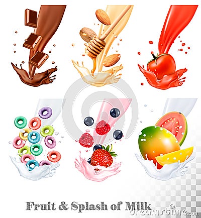 Set of three labels of of fruit in milk splashes. Vector Illustration