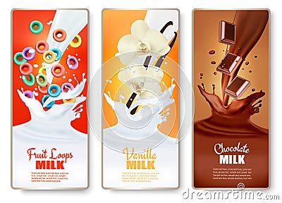 Set of three labels of of fruit in milk splashes. Vector Illustration