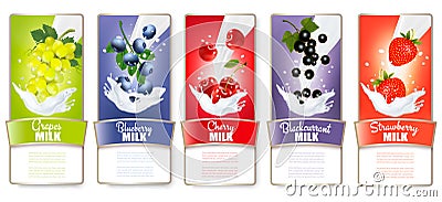 Set of three labels of of fruit in milk splashes Vector Illustration