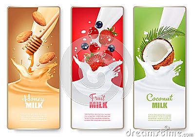 Set of three labels of of fruit in milk splashes. Vector Illustration