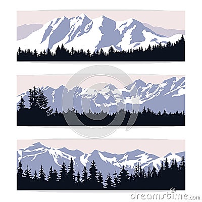 Set of three landscape banners with silhouettes of mountains and Vector Illustration