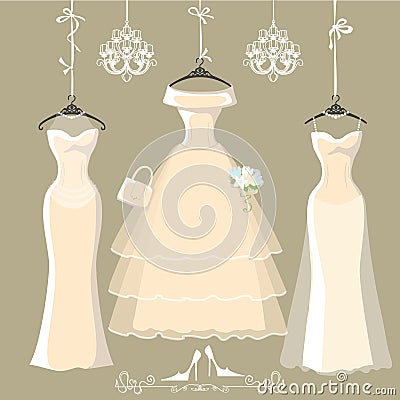 Set of three long bridal dresses hang on ribbons Vector Illustration