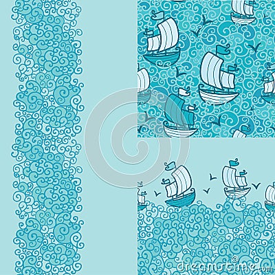 Set of three marine seamless pattern and borders Vector Illustration