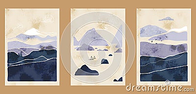 Set of three minimalist abstract backgrounds with watercolor texture, mountains, lines, islands, sea, yachts. Vector Illustration
