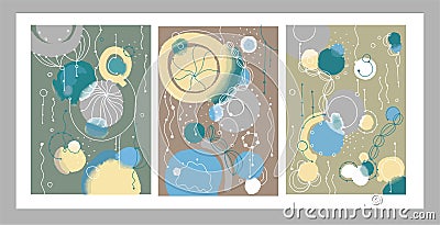 A set of three minimalist hand-painted paintings for wall decoration, postcard cover design or brochure design. Calm Vector Illustration