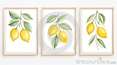 Set of Three Minimalist Watercolor Lemon Tree Branches AI Generated Cartoon Illustration