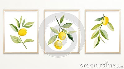 Set of Three Minimalist Watercolor Lemon Tree Branches AI Generated Cartoon Illustration