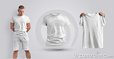 A set of three mockups of a white T-shirt on a man, 3d and in his hands Stock Photo