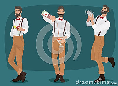 Set of three mustachioed hipster bartenders Vector Illustration