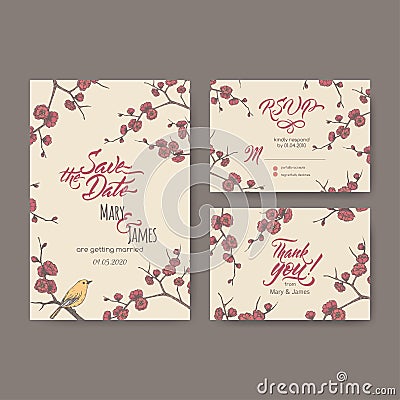 Set of three original attractive wedding cards based on blooming plum branch sketch and brush calligraphy. Vector Illustration